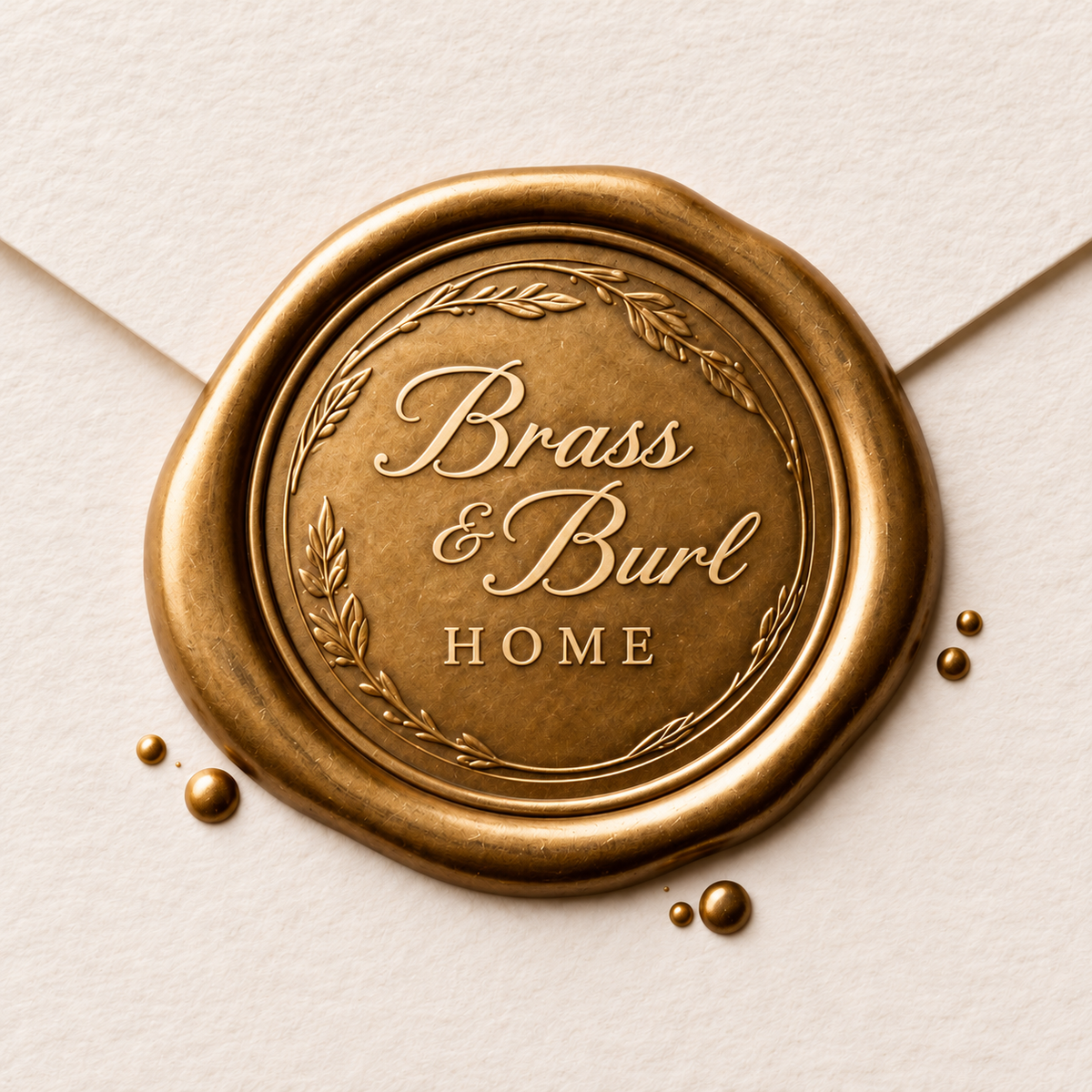 Brass & Burl Home in script, embossed in an antique brass wax seal with a leafy border