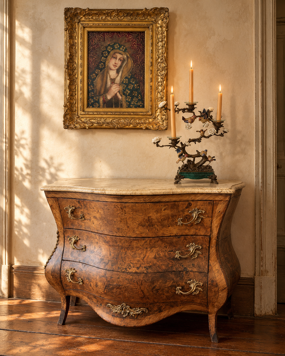 Styled room with figured wood chest, gilded portrait, and candleholder
