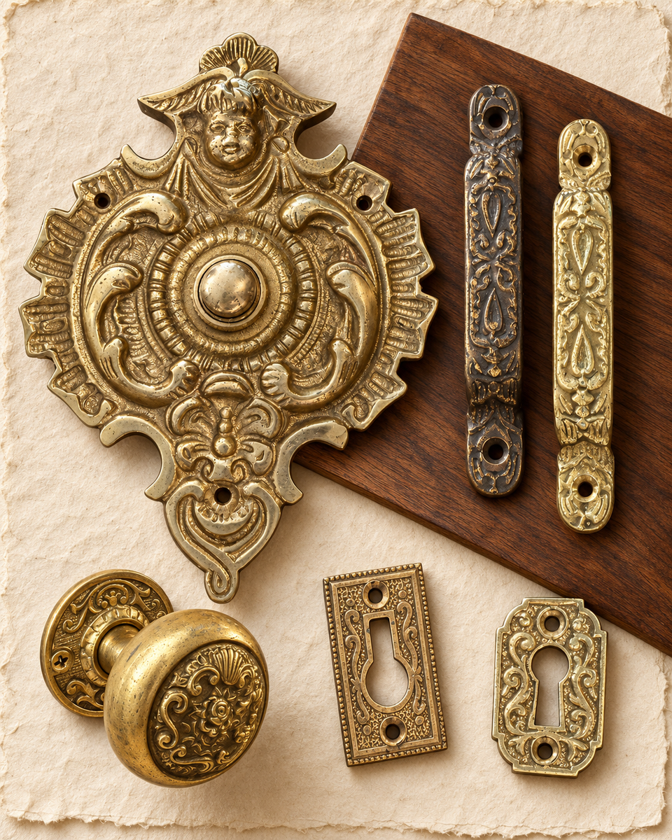 Styled arrangement of decorative antique brass hardware