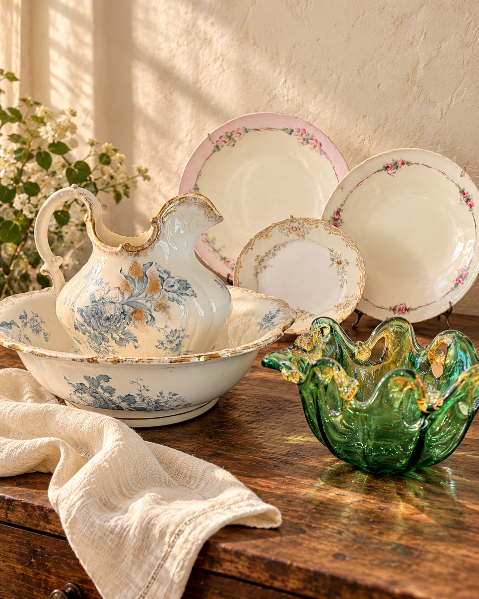 Styled tabletop with patterned porcelain and sculptural green glass